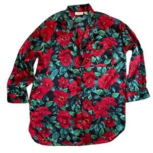 Vintage Victorias Secret Gold Label Button Down Red Floral Sleep Shirt Size M